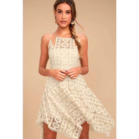Free People women's xs Just Like honey Beige ivory Lace mini Dress boho lined - Picture 2 of 8